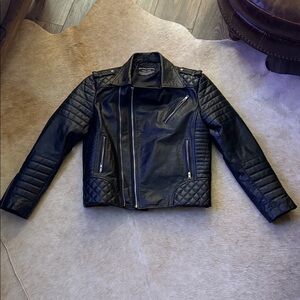 White Sheep international Black Leather Jacket biker style motorcycle Large